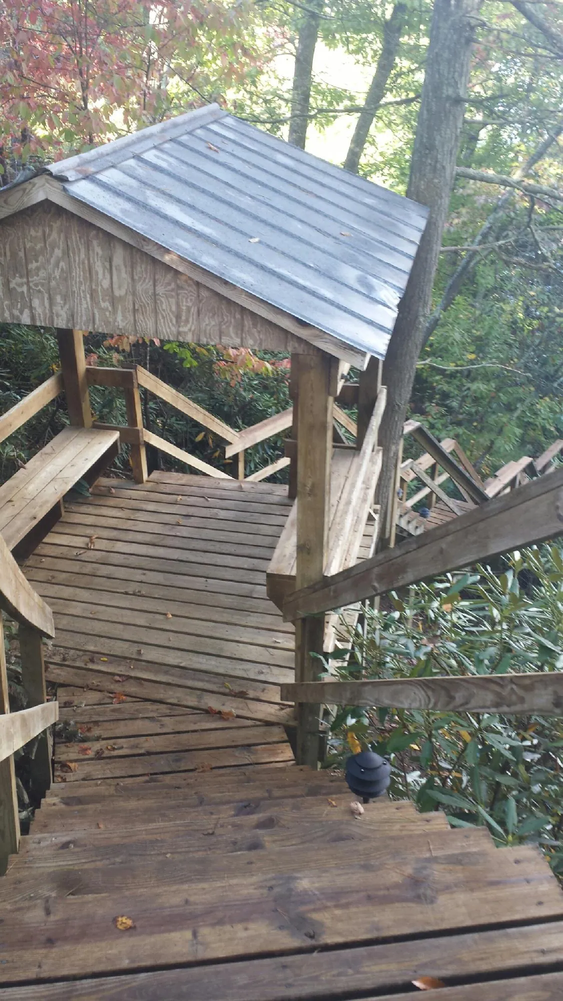 Metal roofed shelter over wooden steps on a wooded walkway — Skylight Repair & Installation work by our crew in Wartburg
